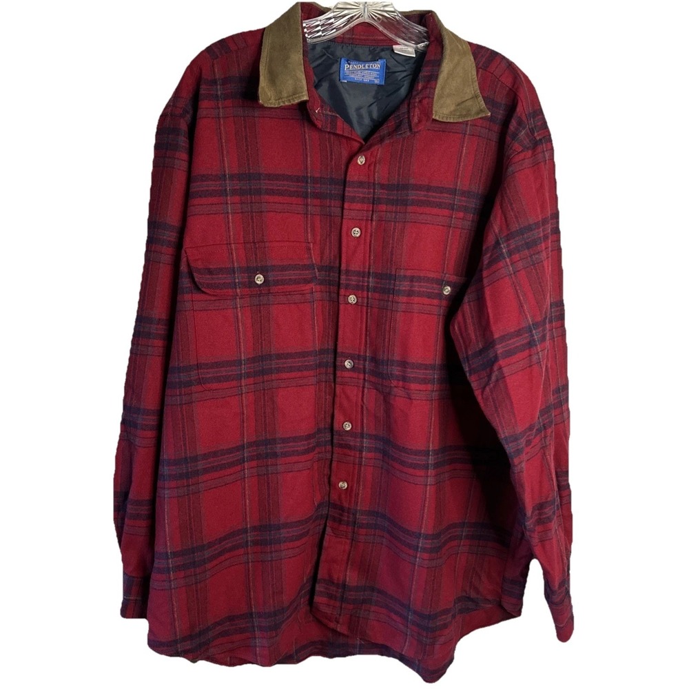 VTG Pendleton Board Shirt Men's XL Wool Flannel Suede Collar Plaid Flap Pockets